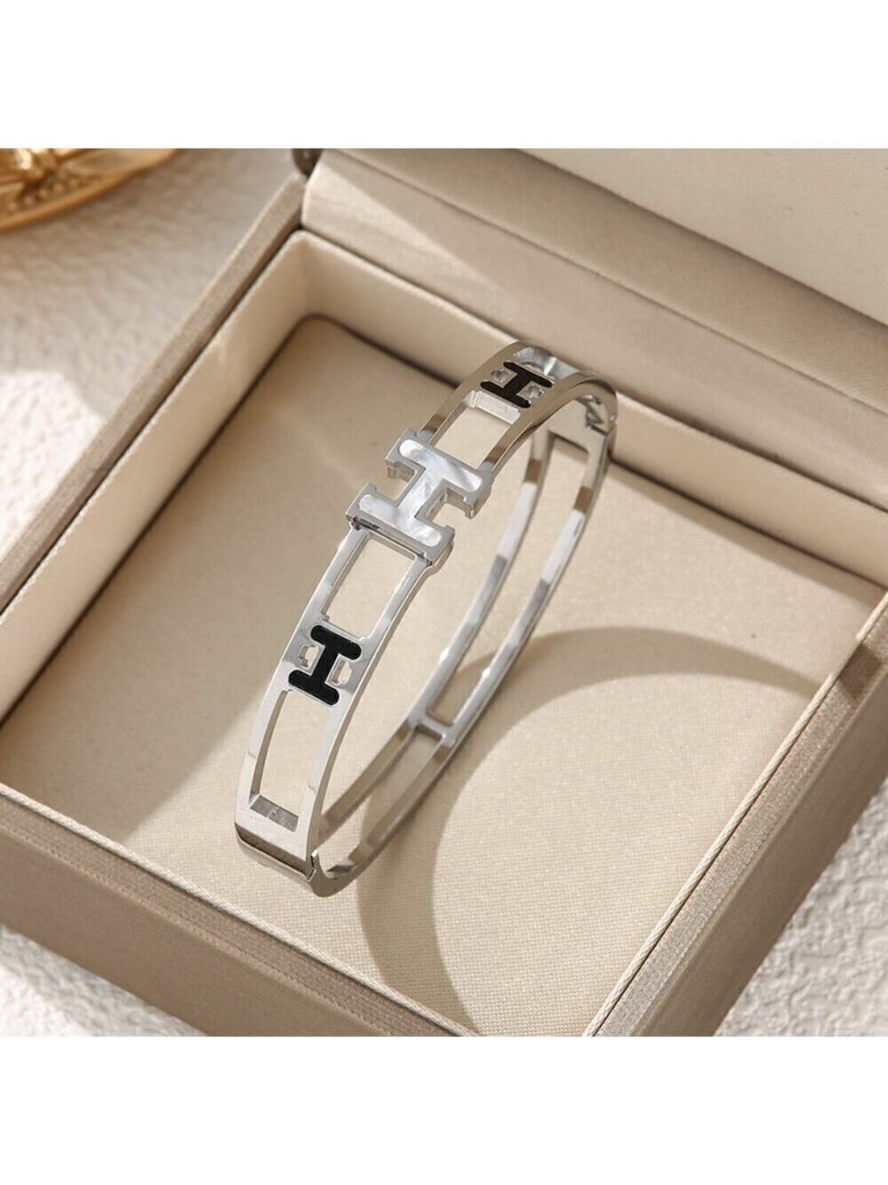 Titanium Steel Luxury Fashion Bangle, H , Pearl White and Black